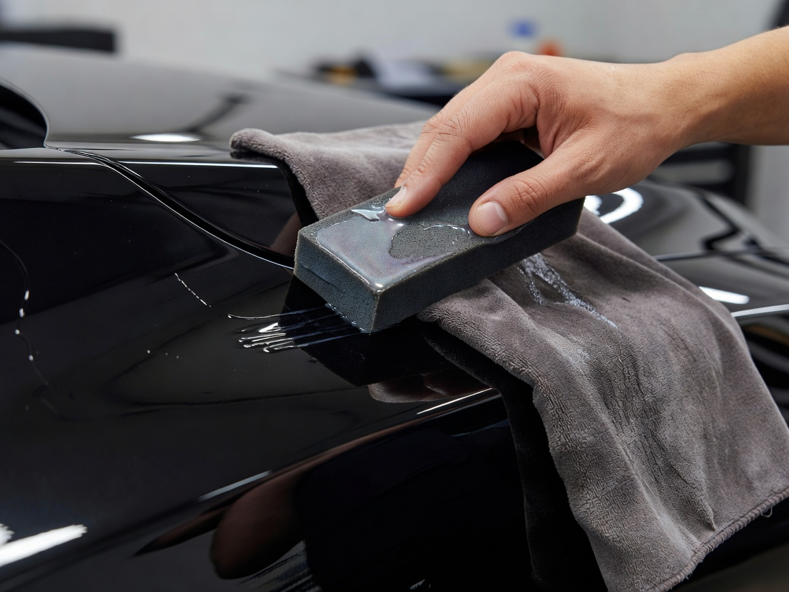 Applying ceramic liquid coating using applicator block and suede cloth onto black paintwork