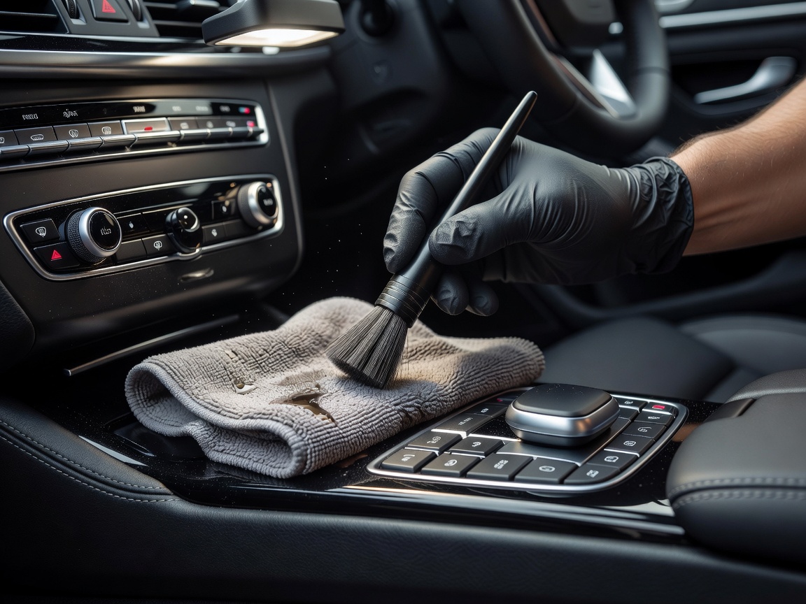 Detailer cleaning car interior control buttons with specialised interior brush and microfibre