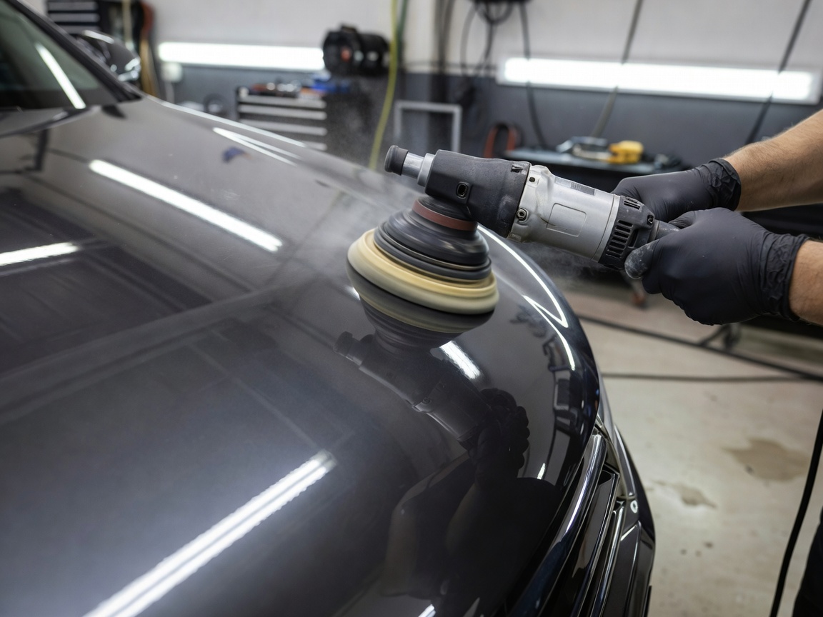 Polishing machine machine-polishing a graphite grey bonnet panel under shop lights