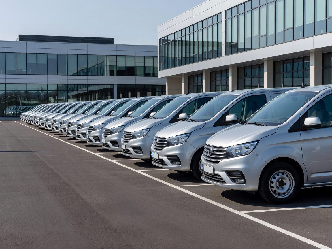 Row of clean business vans parked in a structured corporate lot representing fleet care