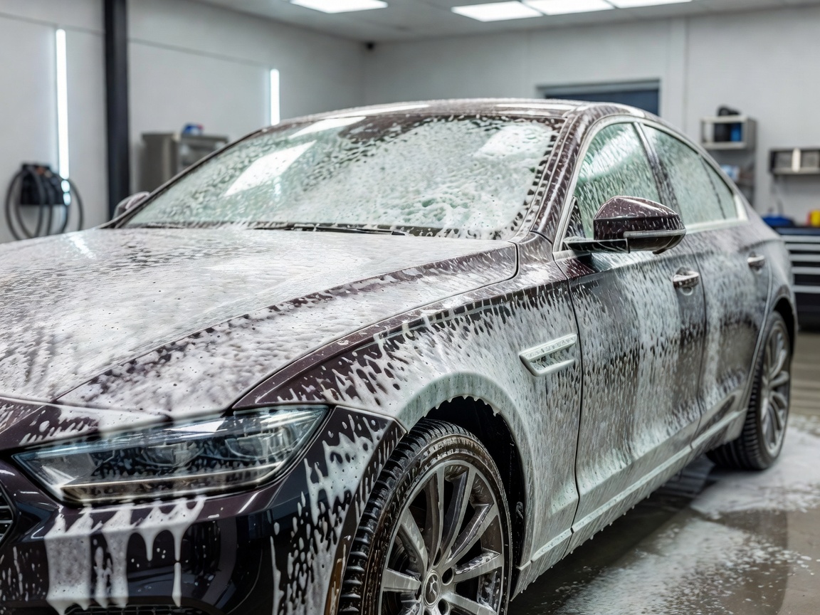 Safe car pre-wash snow foam layer applied to dark paintwork in detailing studio