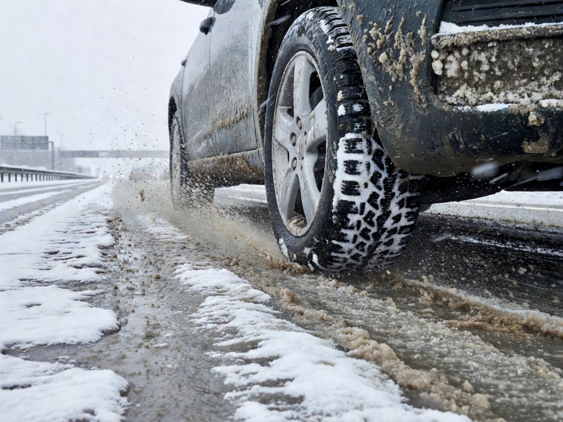 Snowy conditions and road salt slush surrounding a car tyre driving on UK winter motorway